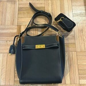 Tory Burch Lee Radziwill N/S black shoulder bag with leather and fabric straps